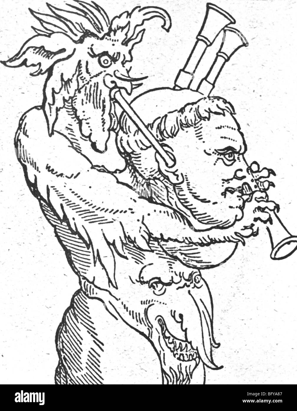 MARTIN LUTHER wird in dieser Holzschnitt, Kupferstich, die ihn als ein paar von Dudelsack gespielt vom Teufel zeigt angegriffen Stockfoto