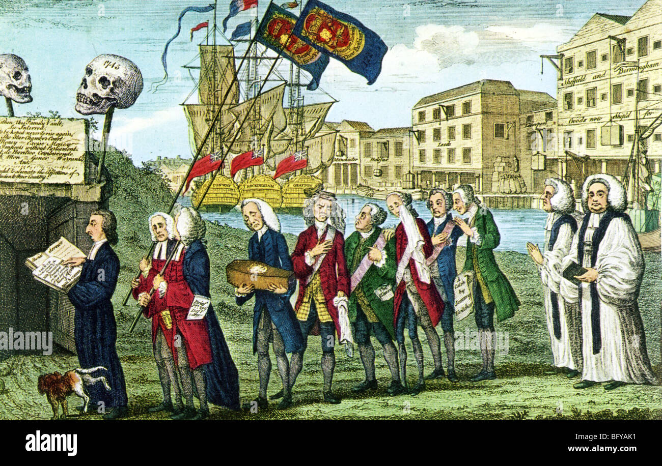 Aufhebung von THE STAMP ACT am 17. März 1766 wird von den Engländern betrauert, wer in dieser zeitgenössische Karikatur profitiert Stockfoto