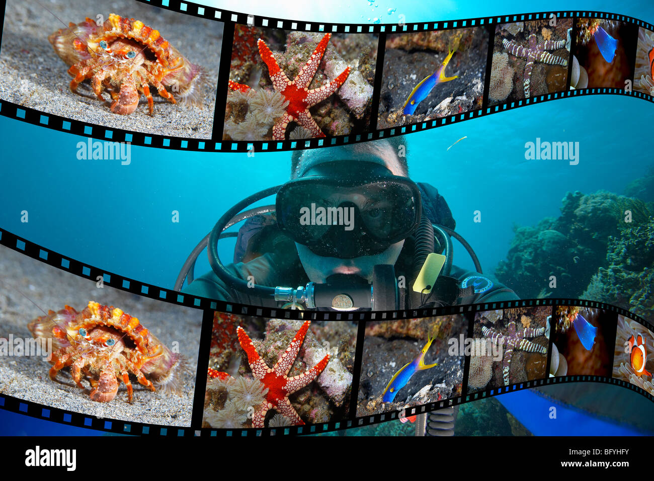 Taucher und Film Strip Unterwasser Fotos Stockfoto