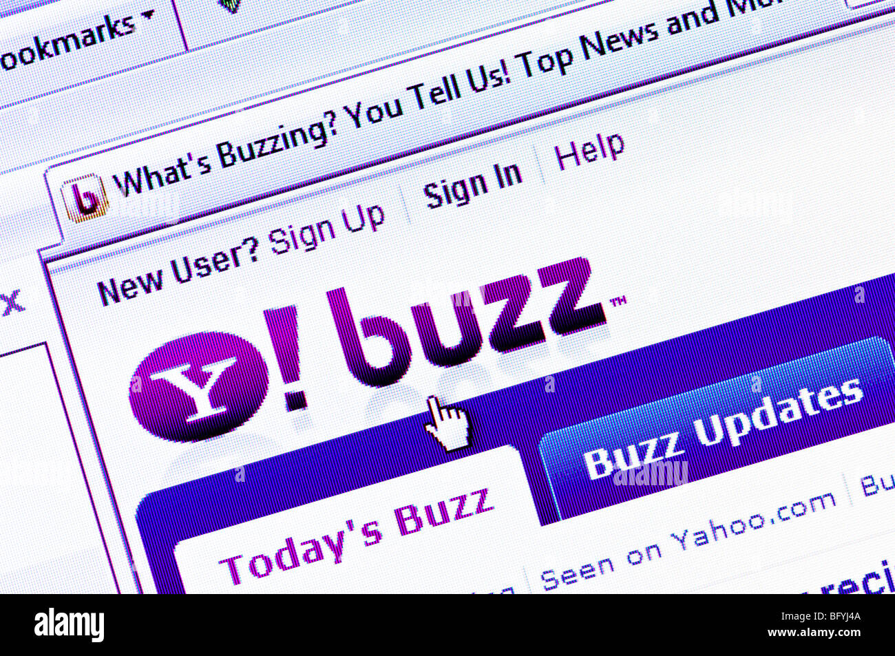 Makro-Screenshot von Yahoo! Buzz - Nachrichtendienst Empfehlung der Internet-Riese. Nur zur redaktionellen Verwendung. Stockfoto