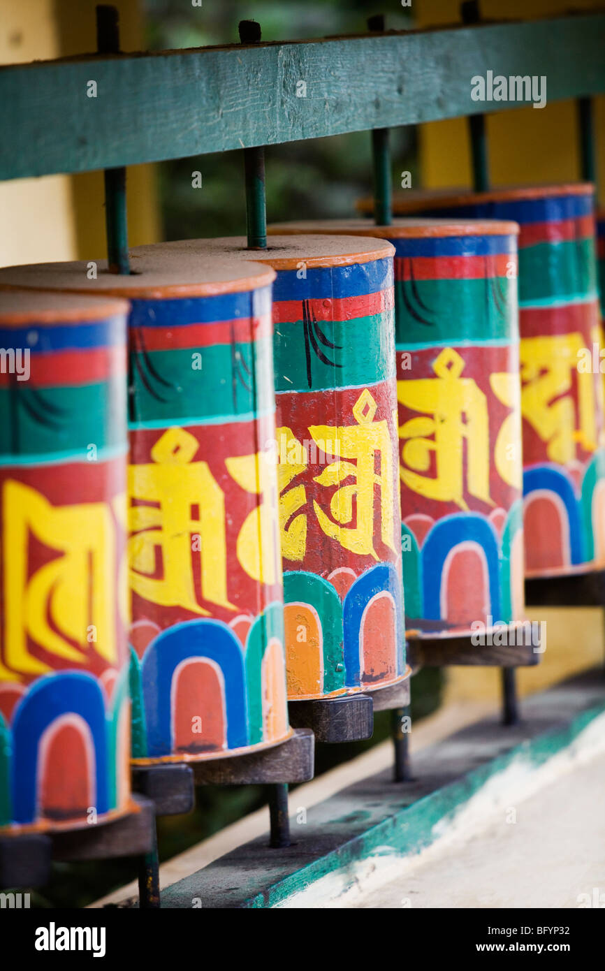 Tibetisch-buddhistische Gebetsmühlen in der Nähe von Residenz des Dalai Lama in Dharamsala, Indien. Stockfoto