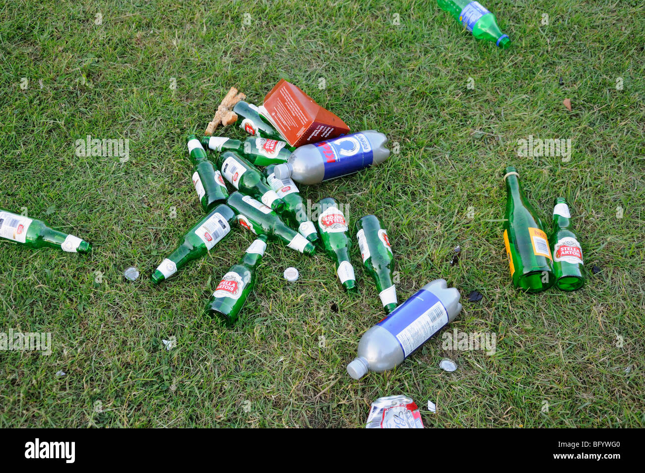 Leere Getränkeflaschen links in einem Park, UK. Stockfoto