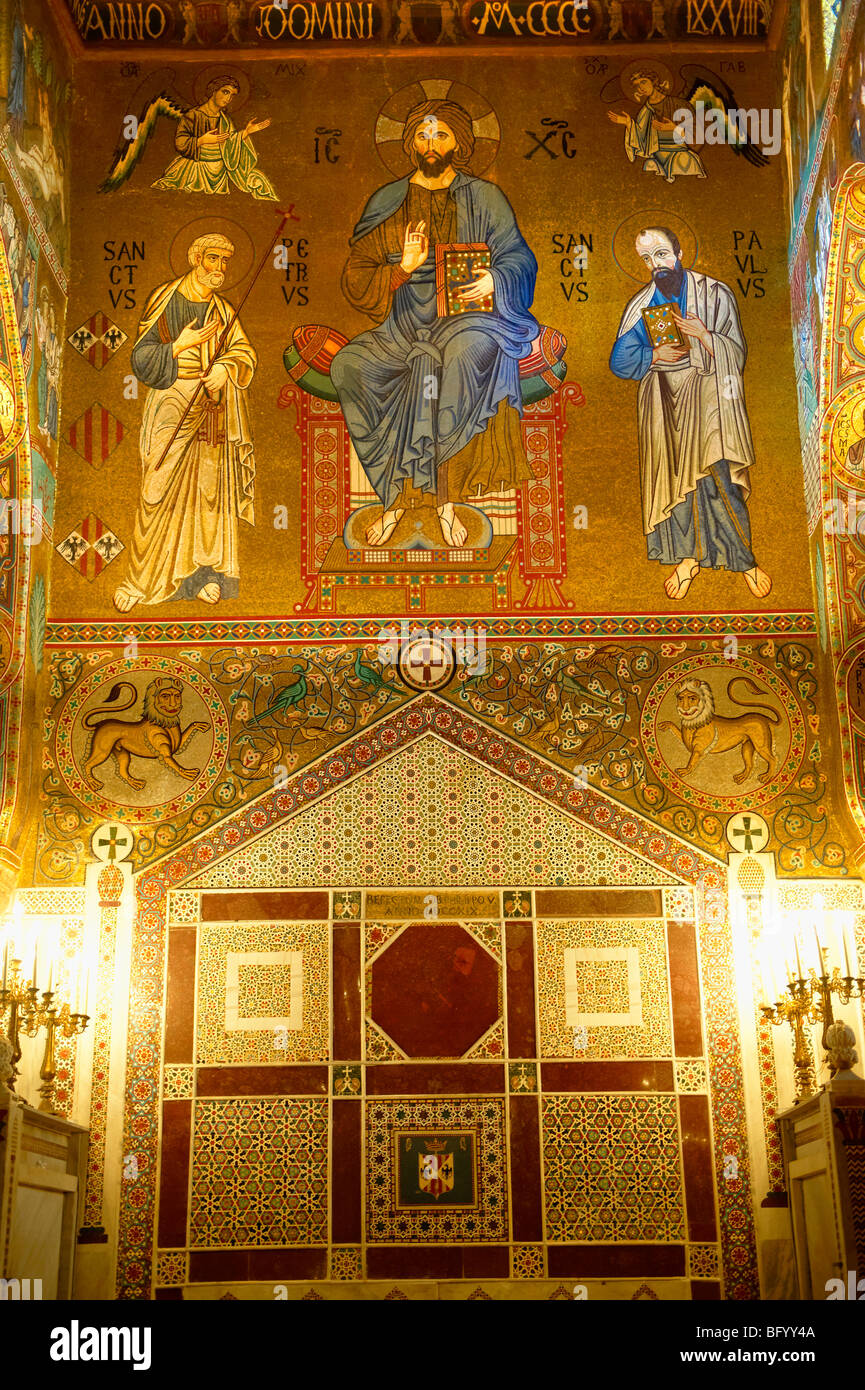 Thron-Plattform mit byzantinischen Mosaiken von der Cappella Palatina im Normannenpalast, Palermo Sizilien Stockfoto