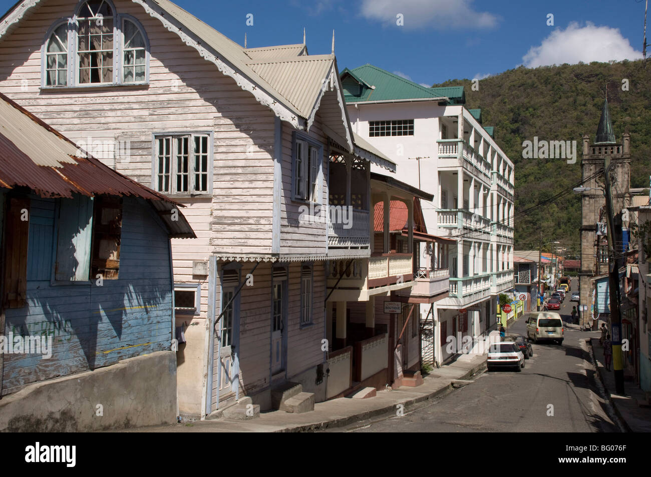 Westindischer Architektur in der Stadt von Soufrière, St. Lucia, Windward-Inseln, West Indies, Karibik, Mittelamerika Stockfoto