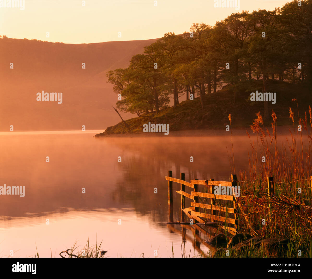 Nebel steigt auf Derwent Water in der Morgendämmerung, Nationalpark Lake District, Cumbria, England, Vereinigtes Königreich, Europa Stockfoto