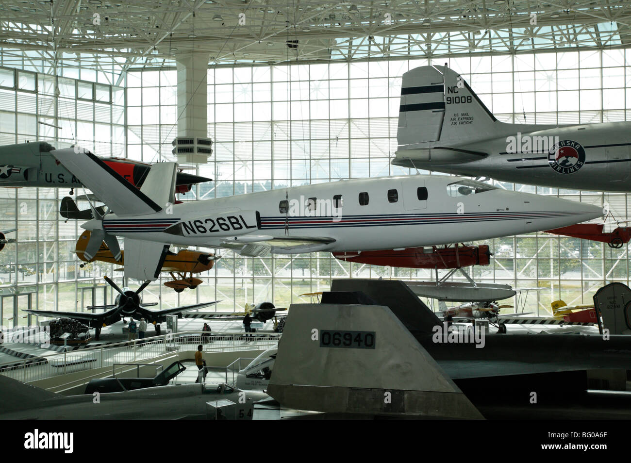 Lear Fan 2100 auf statische Anzeige in der großen Galerie des Museum of Flight, Boeing Field, Seattle Stockfoto