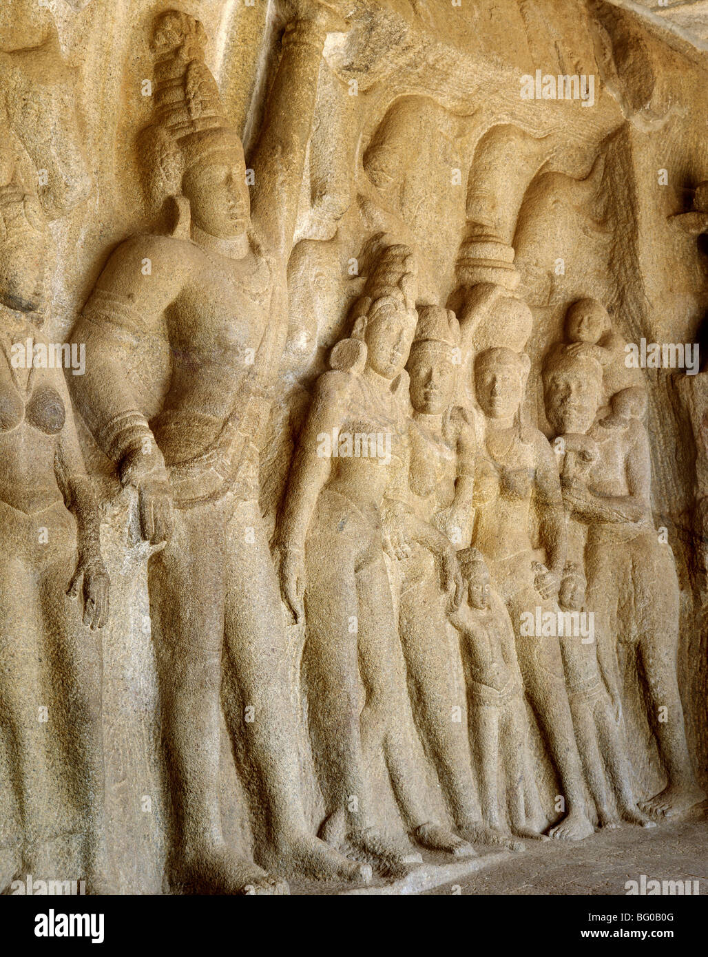 Govardhana Höhle aus dem späten 7. Jahrhundert n. Chr., Mahabalipuram, Kancheepuram Bezirk, Tamil Nadu, Indien, Asien Stockfoto