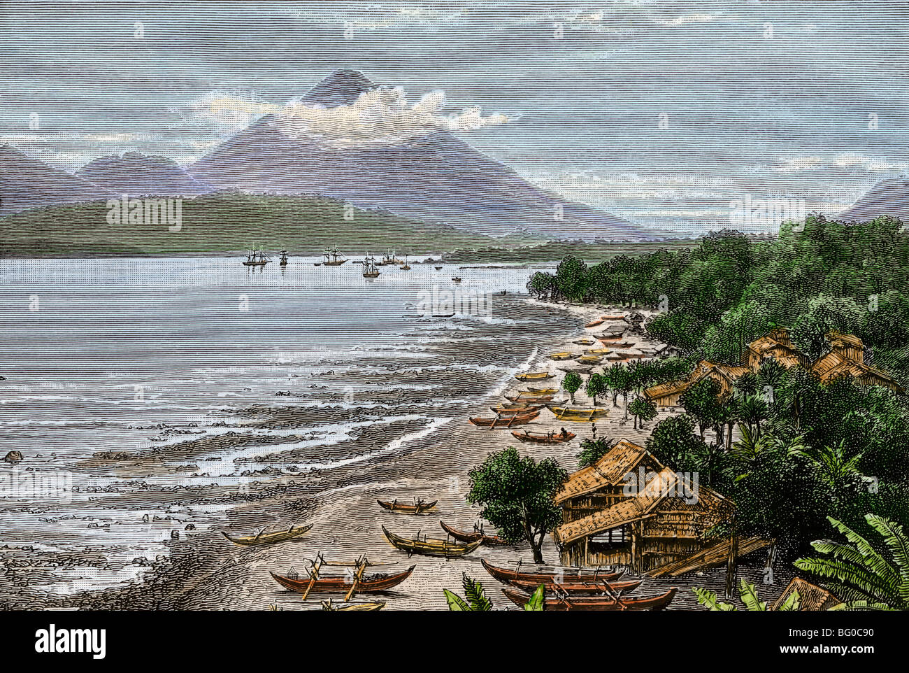 Vulkan auf Tidore in der Molukken, von den benachbarten Insel Ternate, 1800 s gesehen. Hand - farbige Holzschnitt Stockfoto