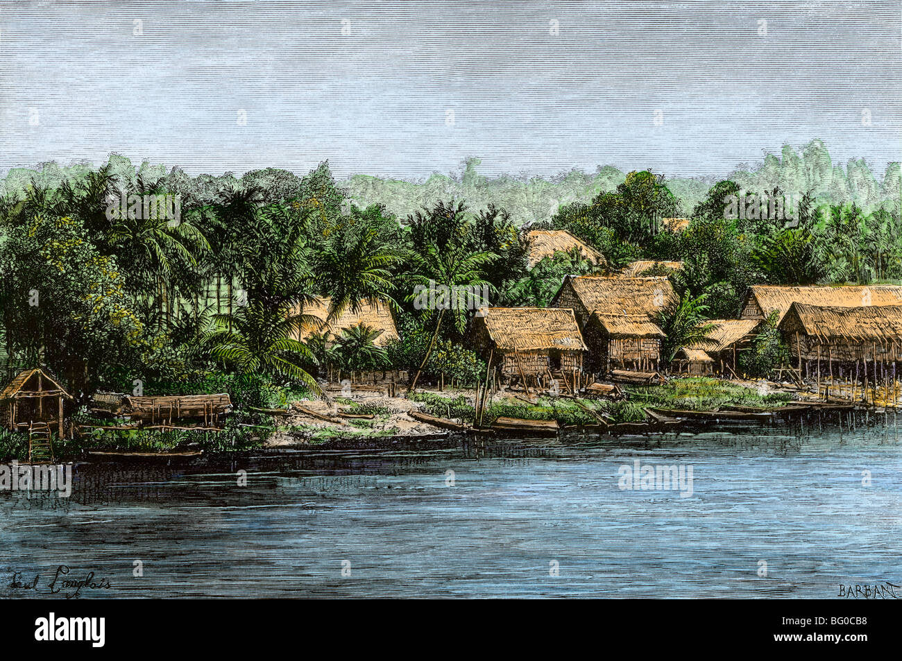 Native Village in der Nähe von Borneo Sarawak, 1800. Hand - farbige Holzschnitt Stockfoto