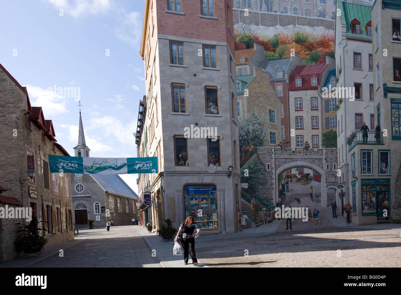 Wandbild Darstellung der Geschichte von neu-Frankreich mit der Place Royale im Hintergrund, in der unteren alten Québec. Stockfoto Wandbild Darstellung der Geschichte von neu-Frankreich mit der Place Royale im Hintergrund, in der unteren alten Québec. Stockfoto