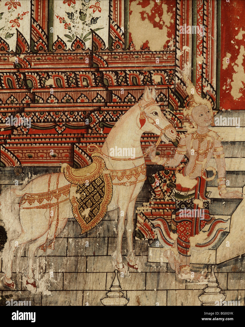 Siddhartas Pferd, Detail Wandbild von der großen Abreise Wat Suwannaram, Thonburi, Thailand, Südostasien, Asien Stockfoto