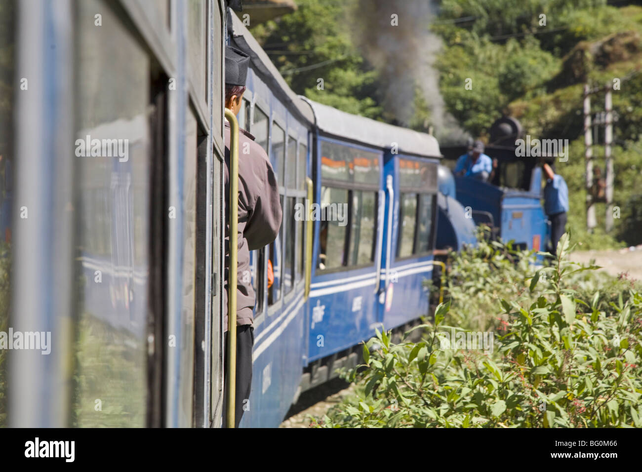 Dampfzug, bekannt als Spielzeug Zug von Darjeeling Himalayan Railway, unterwegs Darjeeling zu Ghoom, Darjeeling, Westbengalen, Indien Stockfoto