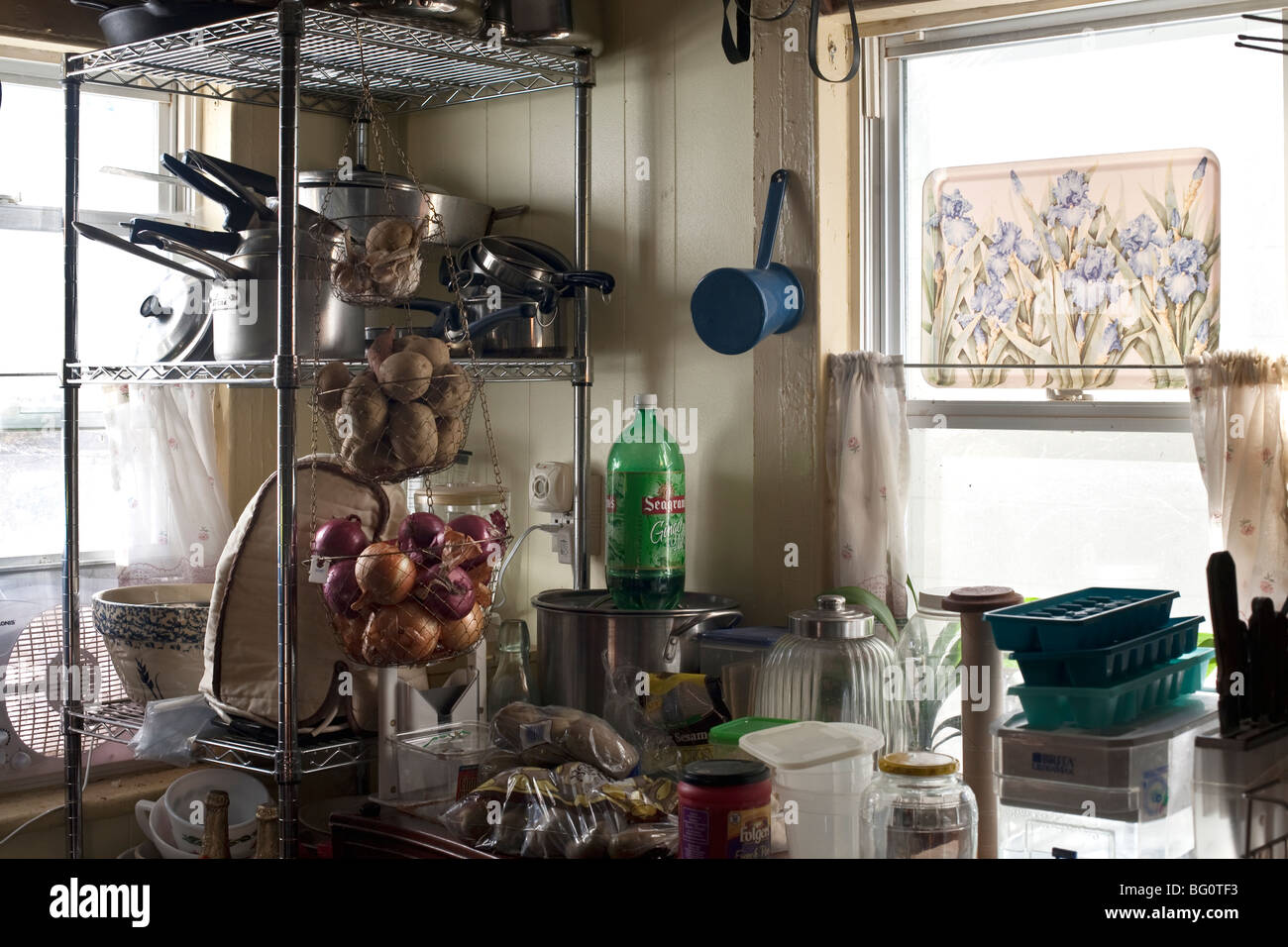 Ecke des Landhaus-Küche mit Töpfen Geschirr & hängenden Körben Kartoffeln Zwiebeln Knoblauch im Morgenlicht, Montgomery New York Stockfoto