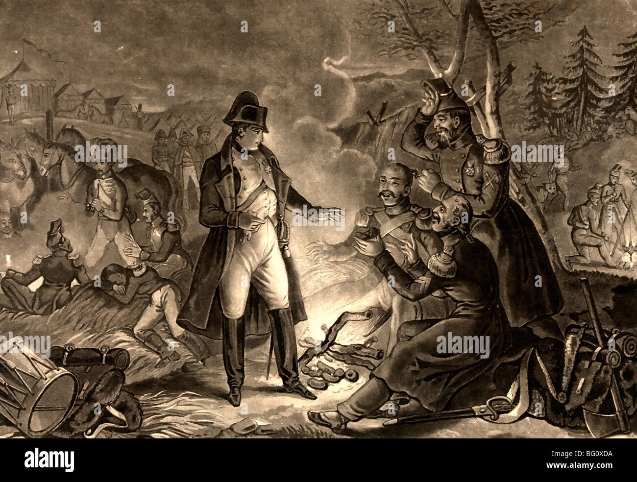 Napoleon, Halt an einen Abend Mahlzeiten Biwak mit den Soldaten in Reih und Glied zu unterhalten, die ihn zu einem der ihren Kartoffeln anbieten Stockfoto