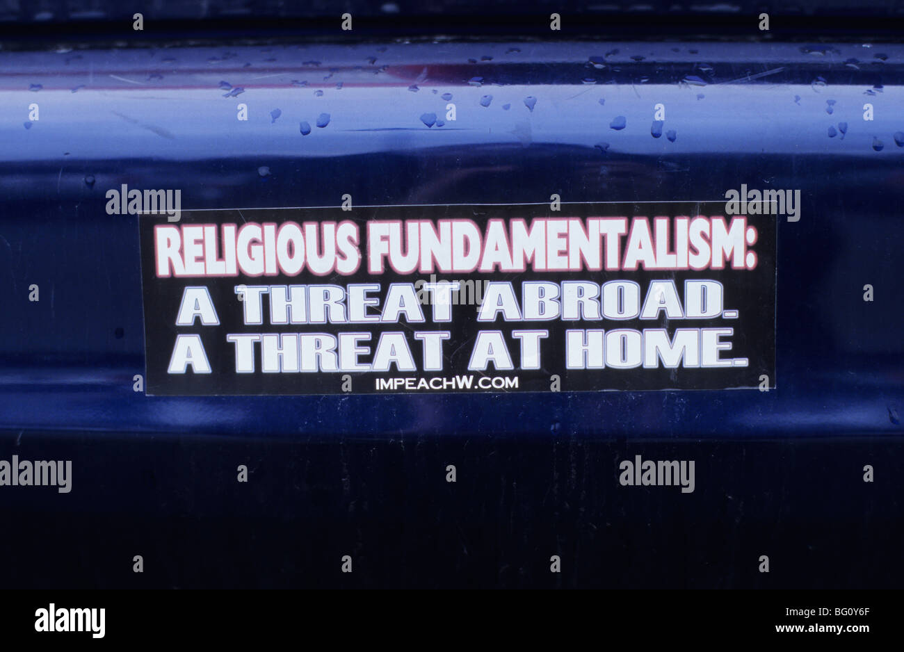 Autoaufkleber, Religion, religiöser Fundamentalismus eine Bedrohung Stockfoto