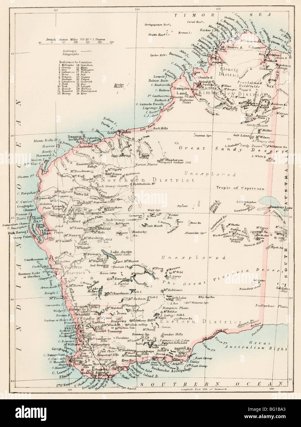 Karte von Western Australia, 1870. Farblithographie Stockfoto