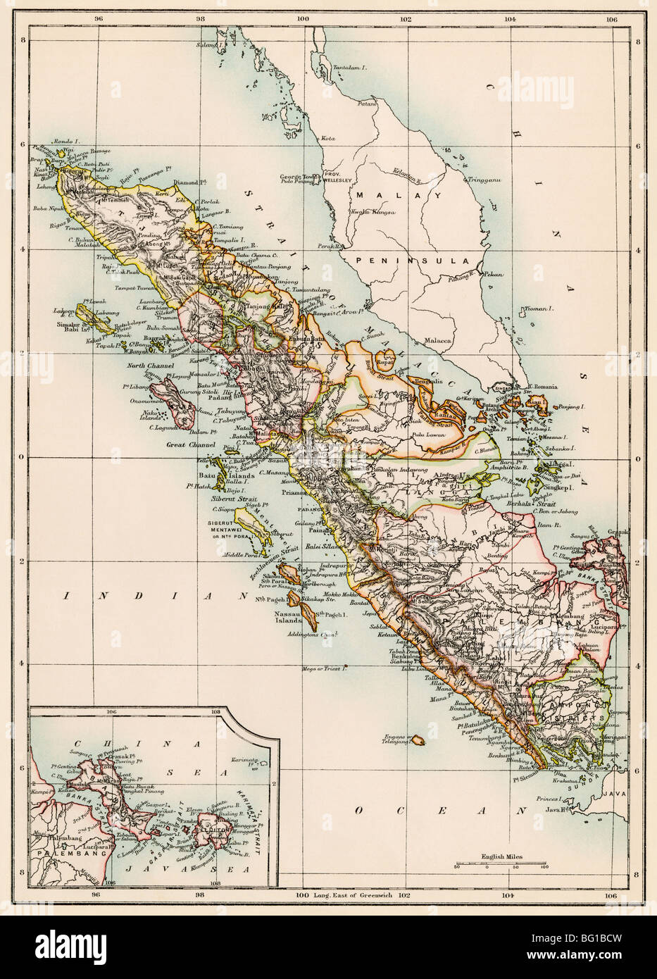 Karte von Sumatra, 1870. Farblithographie Stockfoto