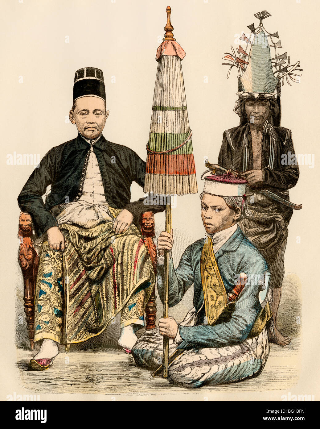 Regent von Java, seiner Leibwache, und eine Telefonzentrale, 1800. Hand-farbig drucken Stockfoto