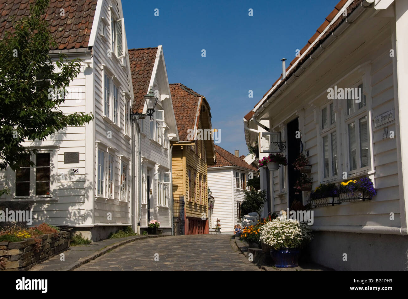 Eine Straße von Holzhäusern in der Altstadt direkt neben dem Hafen von Stavanger, Norwegen, Skandinavien, Europa Stockfoto