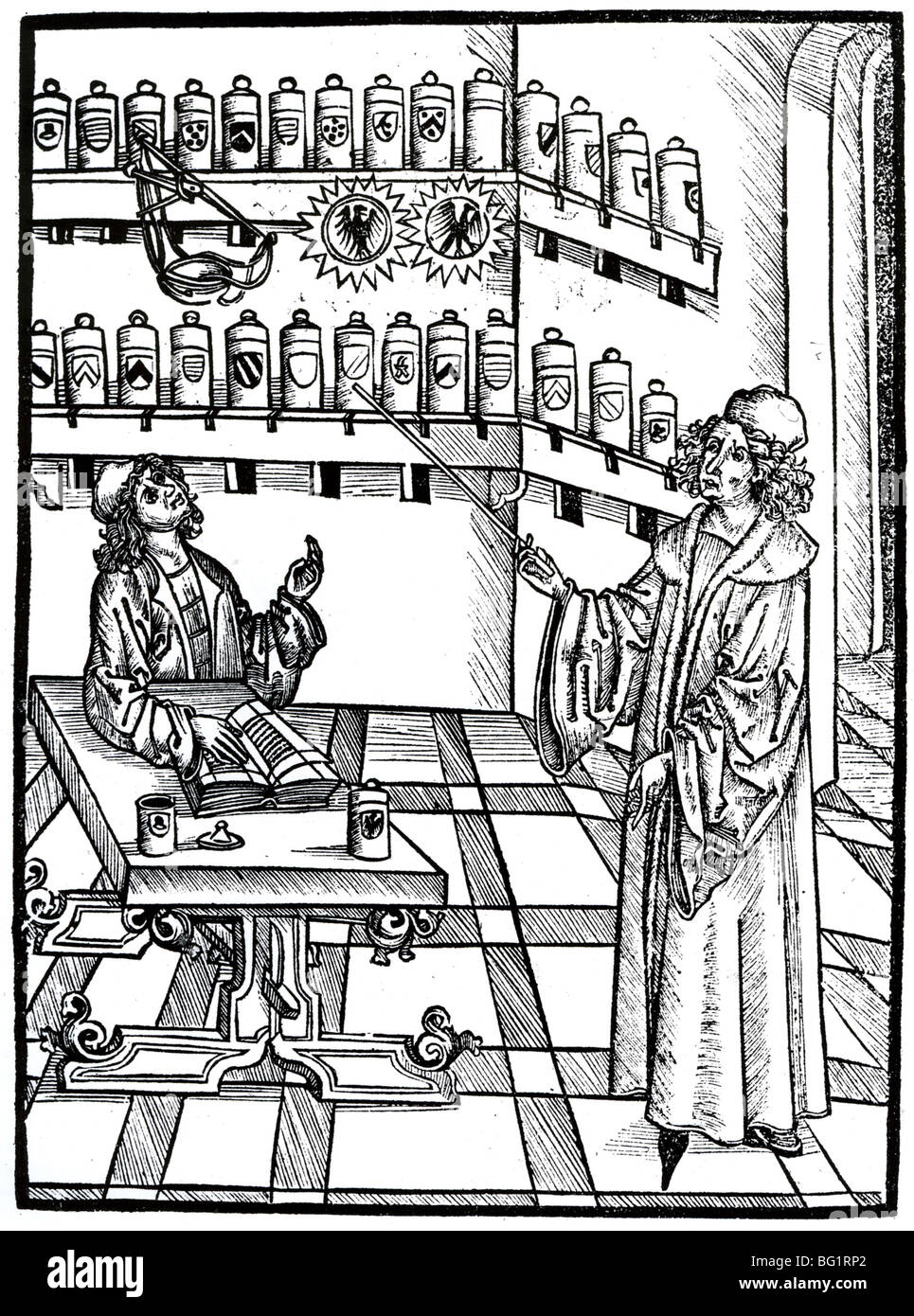 MITTELALTERLICHE APOTHOCARY verweist auf Flaschen etikettiert mit Symbolen für einfache Identifikation Stockfoto