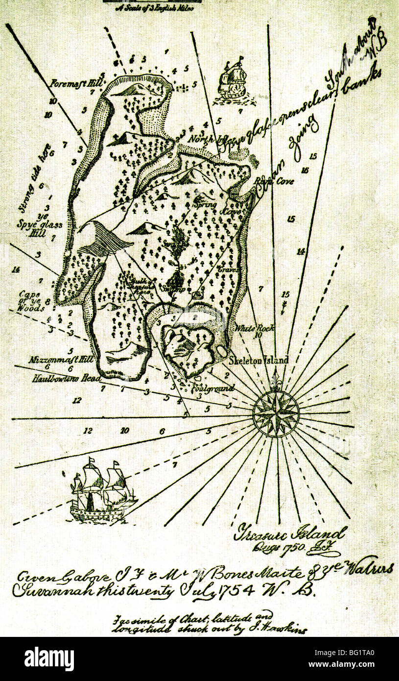 TREASURE ISLAND-Karte aus der zuerst 1883 Ausgabe des historischen Abenteuerroman von Stevenson Stockfoto