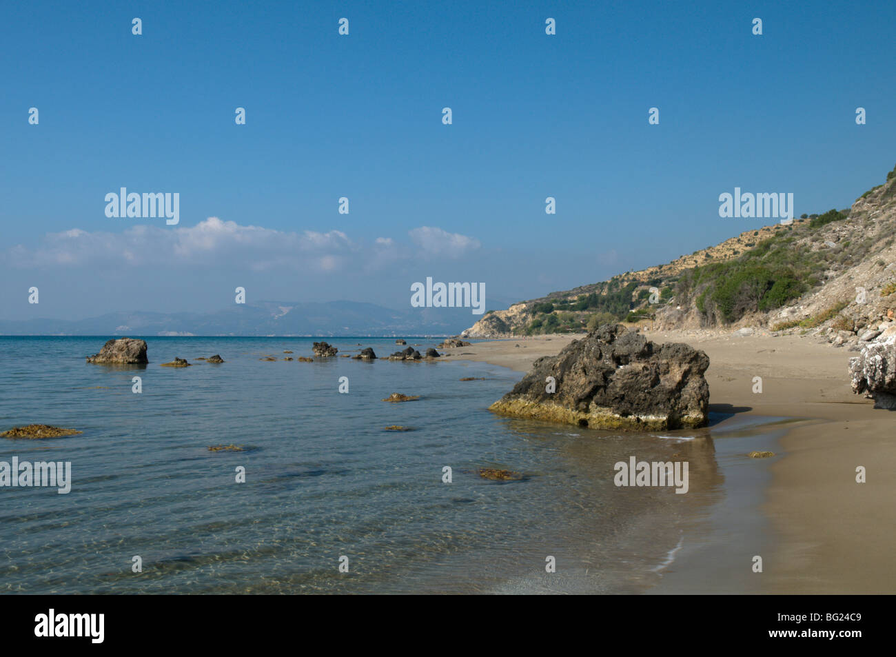 Dafni Strand Zakynthos Blick über den Golf von Laganas. Verschachtelung Bereich die Unechte Karettschildkröte (Caretta Caretta). Stockfoto