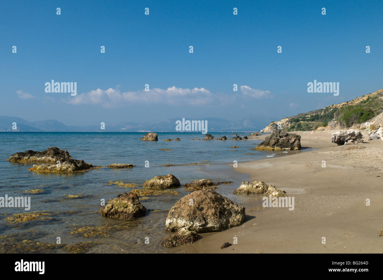 Dafni Strand Zakynthos Blick über den Golf von Laganas. Verschachtelung Bereich die Unechte Karettschildkröte (Caretta Caretta). Stockfoto