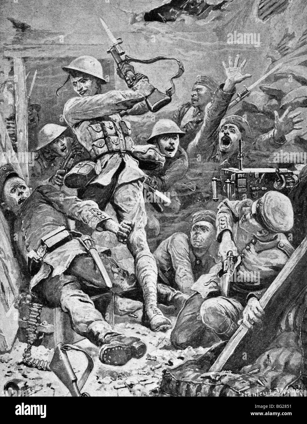 Zeitgenössische WW1 Illustration der australischen Truppen Erfassung ein deutschen Maschinengewehr Stellung während der Jahre 1916 Schlacht gefunden. Stockfoto