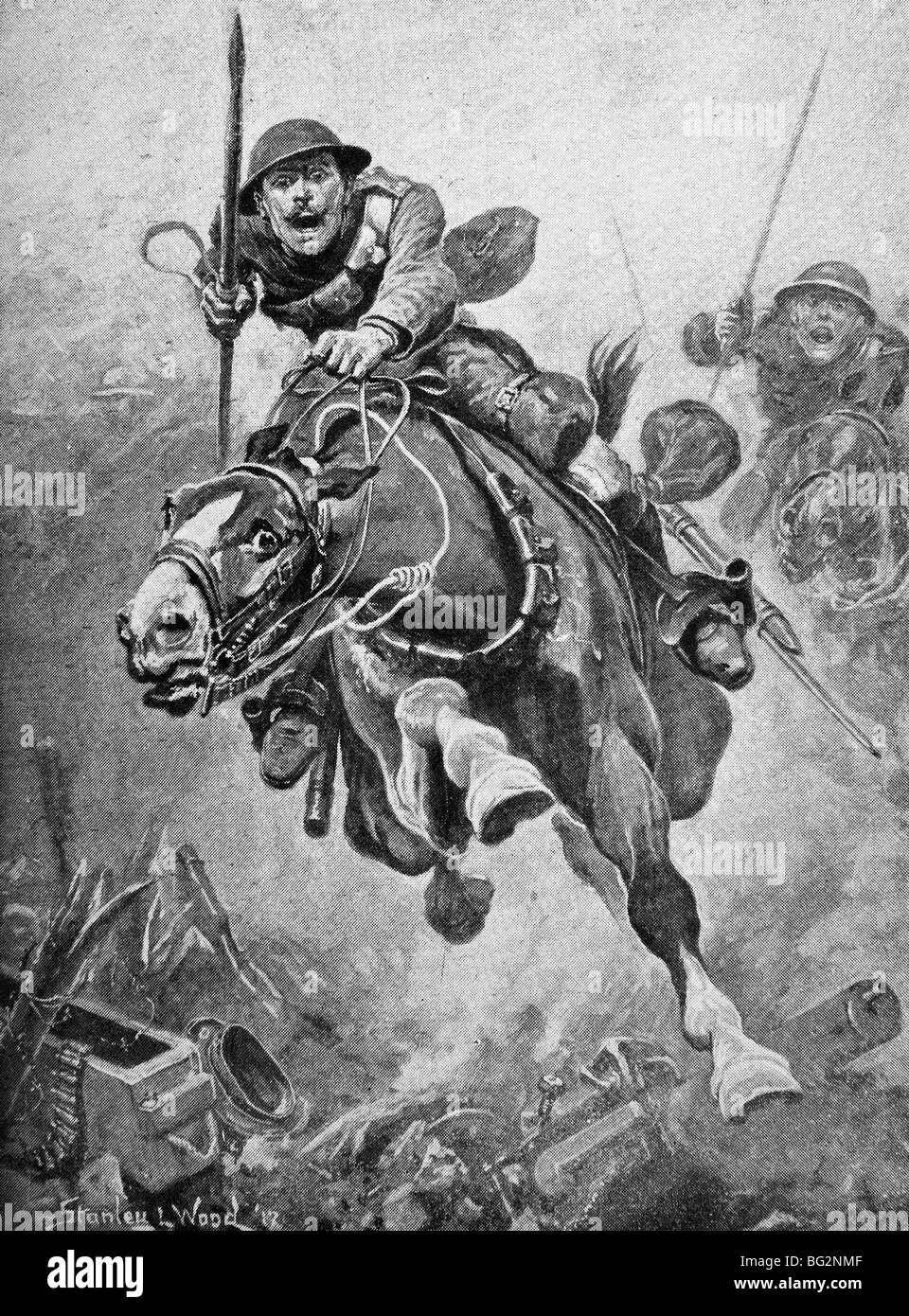 Zeitgenössische Weltkrieg einer Illustration von einem Kavallerieattacke durch britische Truppen in Frankreich. Stockfoto
