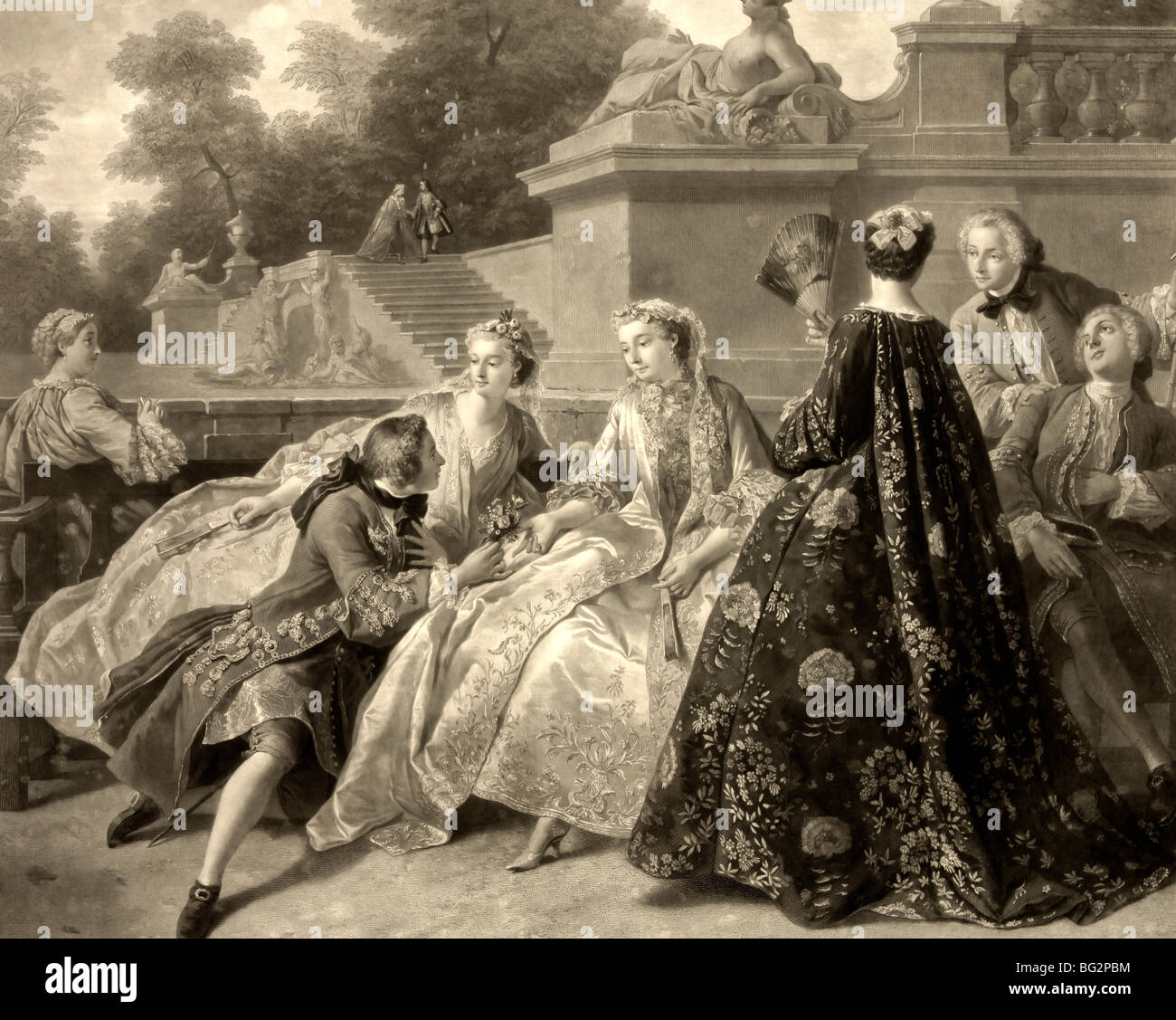 Hofgesellschaft in Versailles A.D. 1731 - Männer und Frauen, die Geselligkeit in einem Garten. Stockfoto