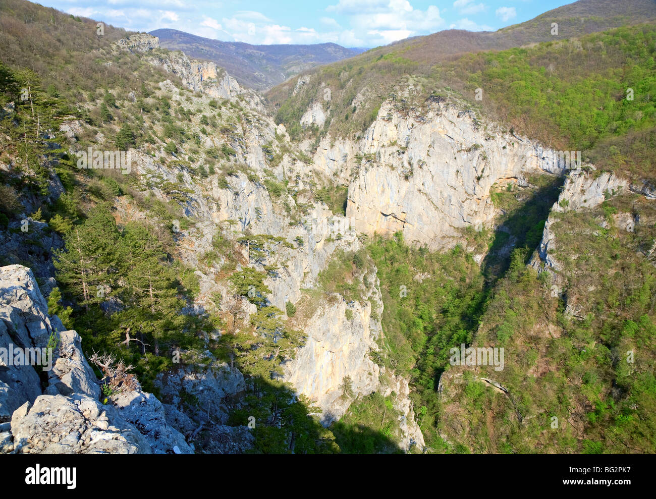 Frühling große Krim Canyon Bergblick und Kiefern am Hang (Krim, Ukraine). Stockfoto