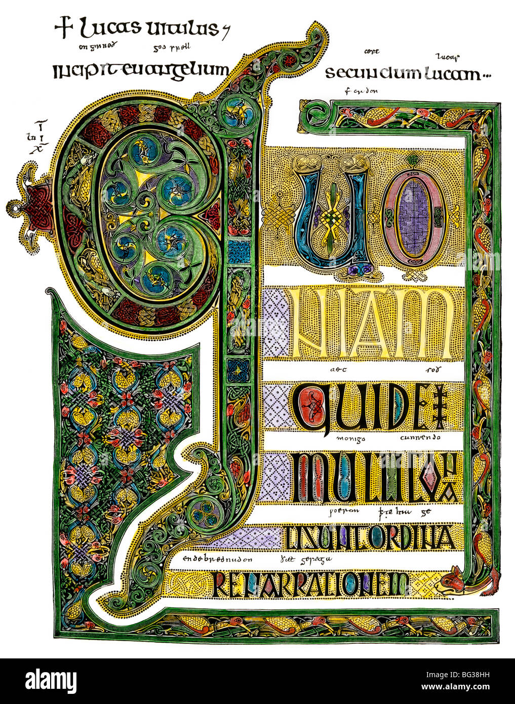 Anfang des Buches von Luke, Lindisfarne Gospels, 1100. Hand - farbige Holzschnitt Stockfoto