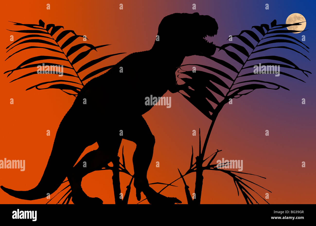 Natürlich zeigt mit Hilfe eines Modells dieses Bild ein Tyrannosaurus Rex mit den Feuern von Aussterben Anfang im Hintergrund. Stockfoto