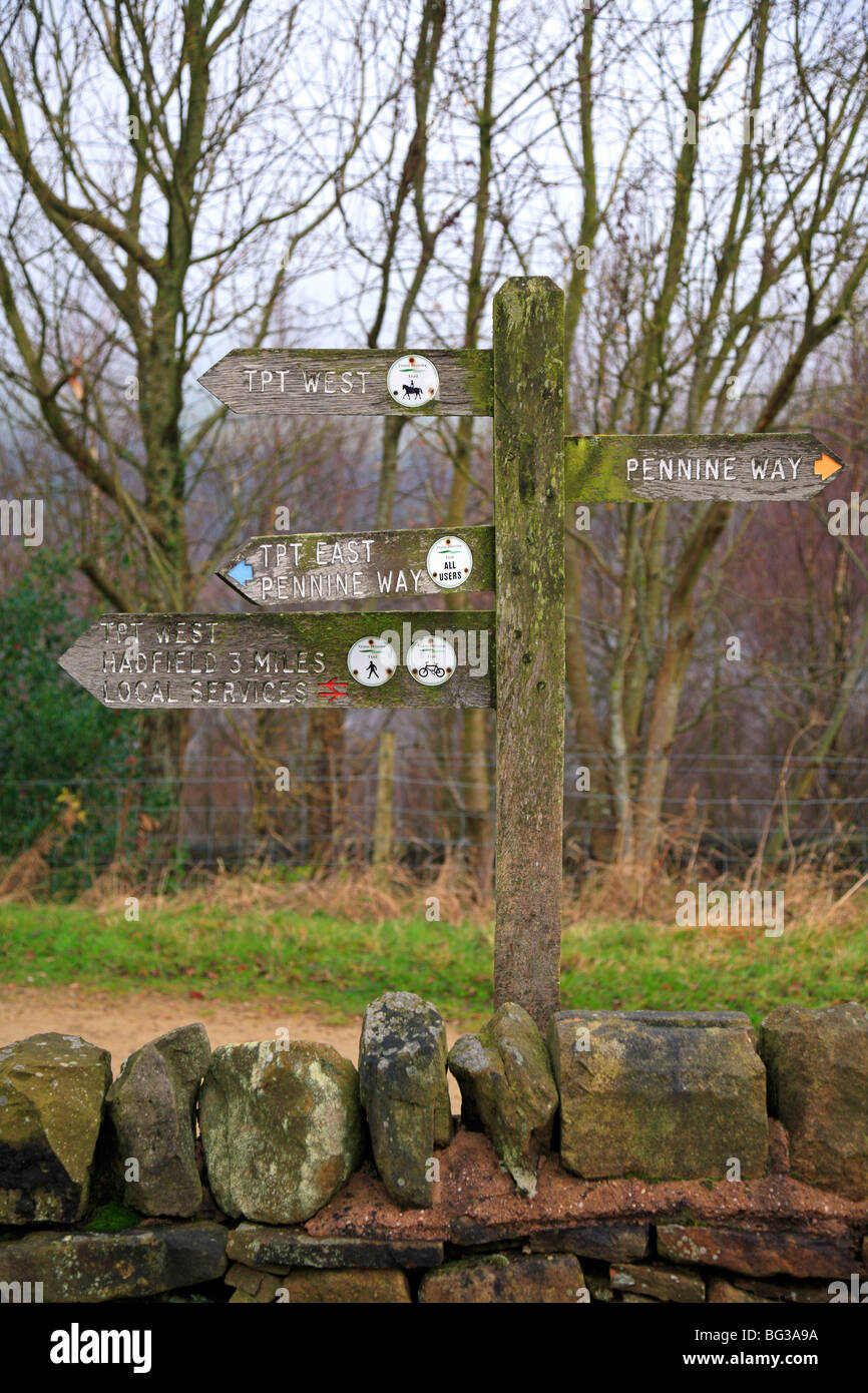 Holz- Finger post Kennzeichnung TPT West Pennine Way und TPT Osten Routen für Wanderer, Radfahrer und Reiter, Longdendale, Derbyshire, Peak District, England. Stockfoto