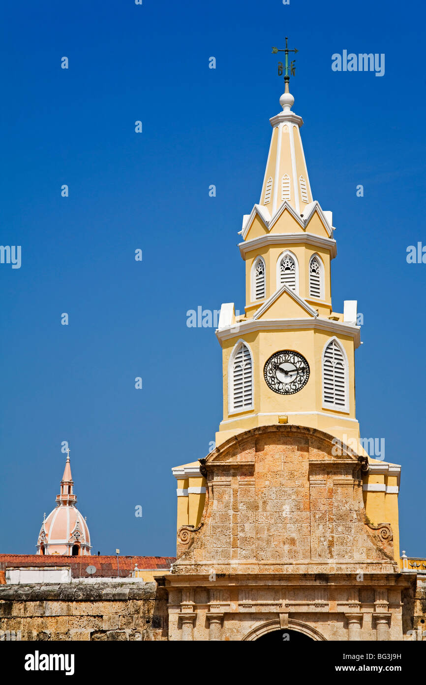 Der Uhrturm, der alten ummauerten Stadt Bezirk, Cartagena Stadt, Bundesstaat Bolivar, Kolumbien, Südamerika Stockfoto