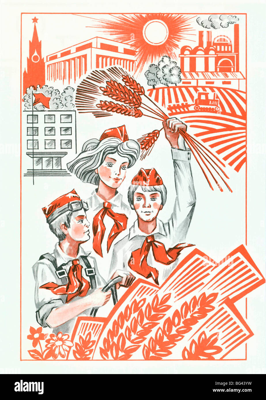 Abbildung-Slogan für die Pioneer-Bewegung aus der Zeit der Sowjetunion, Russland Stockfoto