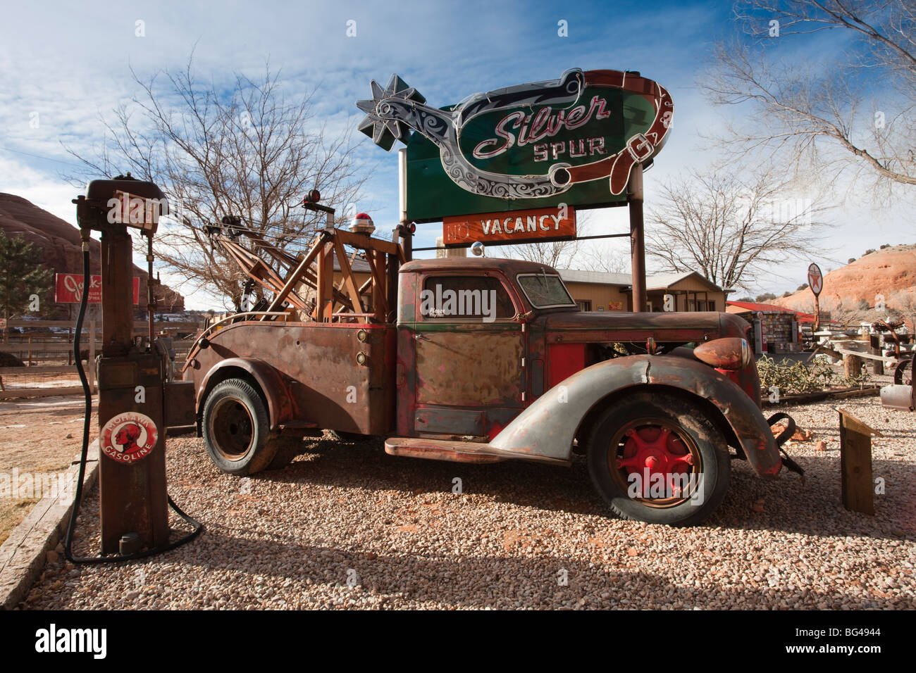 USA, Utah, Moab, Loch im Felsen Tourist Shop, Hof Detail, winter Stockfoto