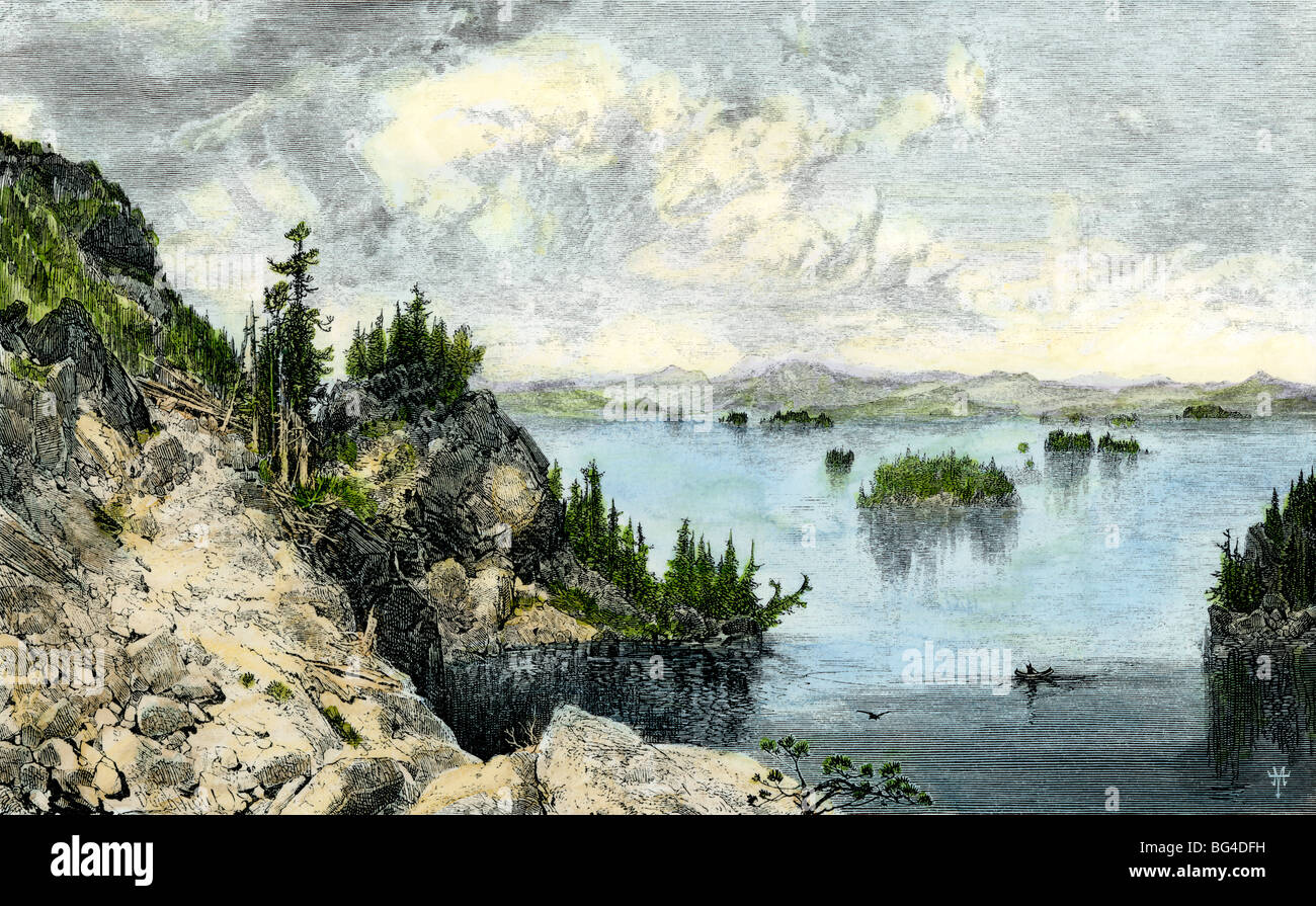 Lake Champlain vor der Ankunft der europäischen Siedler. Hand - farbige Holzschnitt Stockfoto