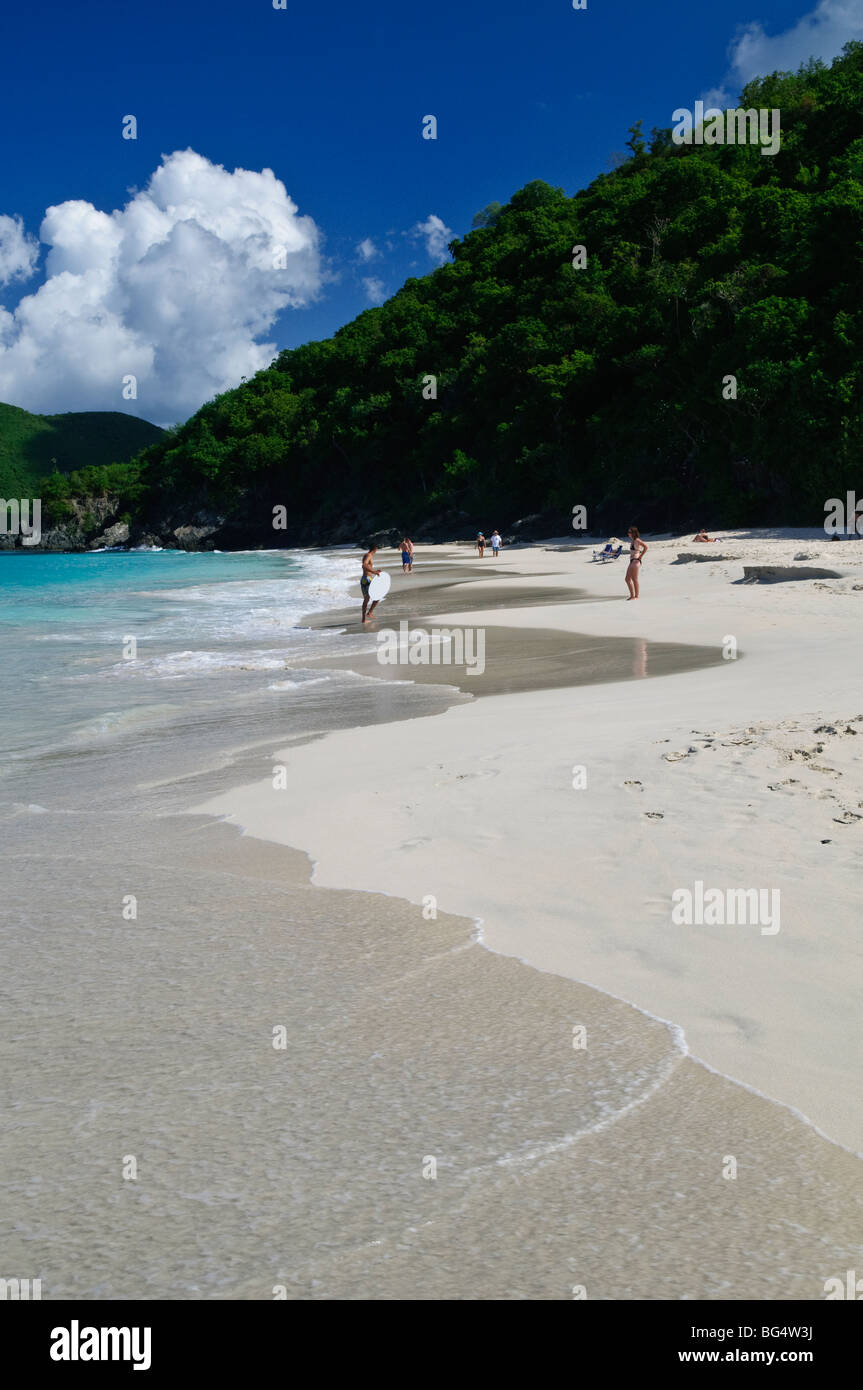 Cinnamon Bay Beach St John US Virgin Islands // CINNAMON BAY, US Virgin Islands – Ein malerischer Blick auf Cinnamon Bay, einen unberührten tropischen Strand am Nordufer von St. John auf den US Virgin Islands. Der halbmondförmige Strand mit seinem weißen Sand und türkisfarbenem Wasser ist von üppiger Vegetation umgeben, was die natürliche Schönheit der Karibik veranschaulicht. Stockfoto
