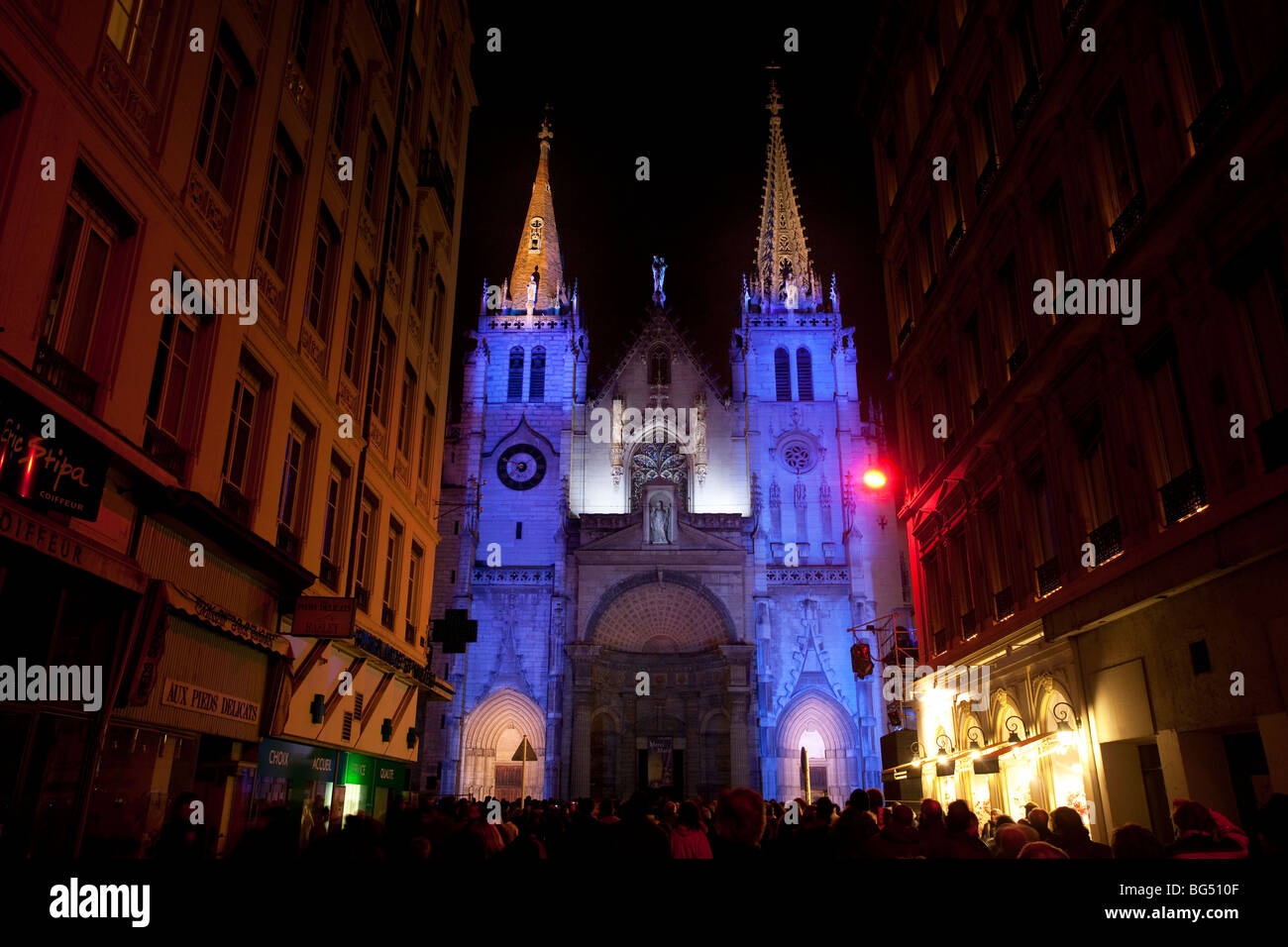 Saint-Nizier Kirche während des Festival of Lights ("Fête des Lumières" auf Französisch), Lyon, Frankreich Stockfoto