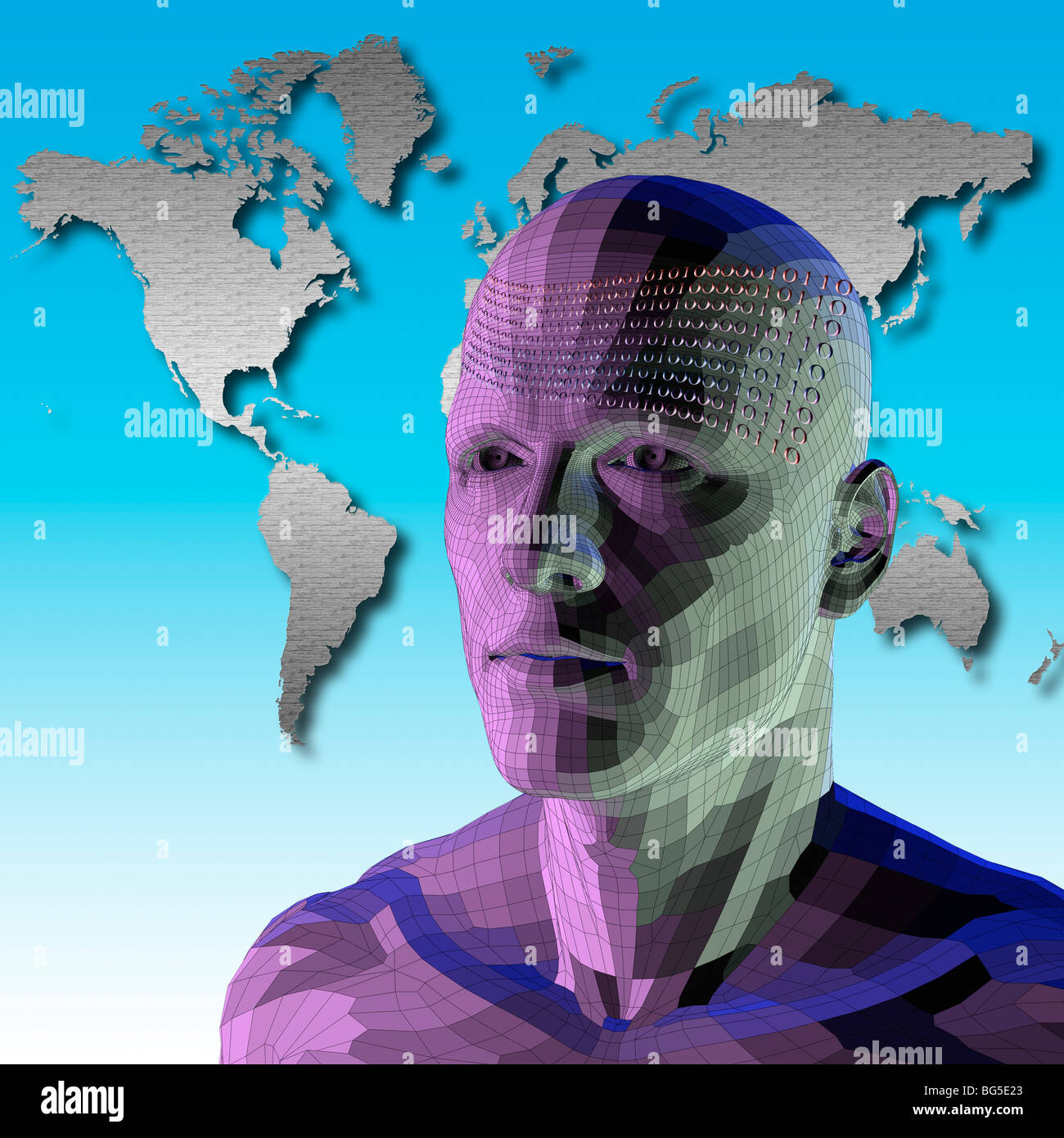 Digitalen Mensch oder Roboter mit Binärzahlen vor eine Karte der Welt Stockfoto