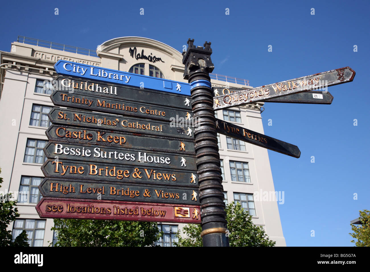 Schilder am Fluss Tyne, Newcastle mit Malmaison Hotel im Hintergrund Stockfoto