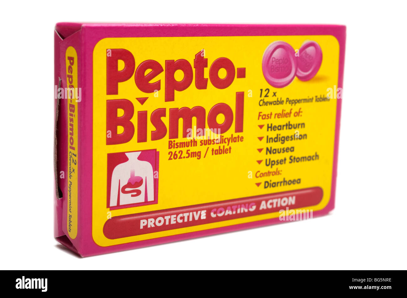Paket von Pepto Bismol Kautabletten Pfefferminze Tabletten Stockfoto