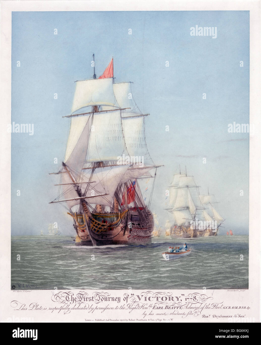 Das Schiff HMS Victory 'man of war' 1778 in voller Segel auf ruhigen Gewässern. Lord Nelsons Flaggschiff in der Schlacht von Trafalgar. Portsmouth, England Museum Stockfoto