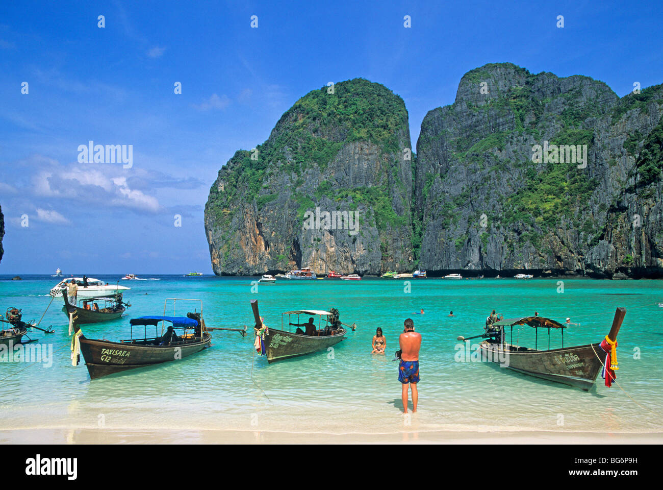 Longtailboats, Maya Bay, Kho Phi Phi Le Island, Thailand Stockfoto