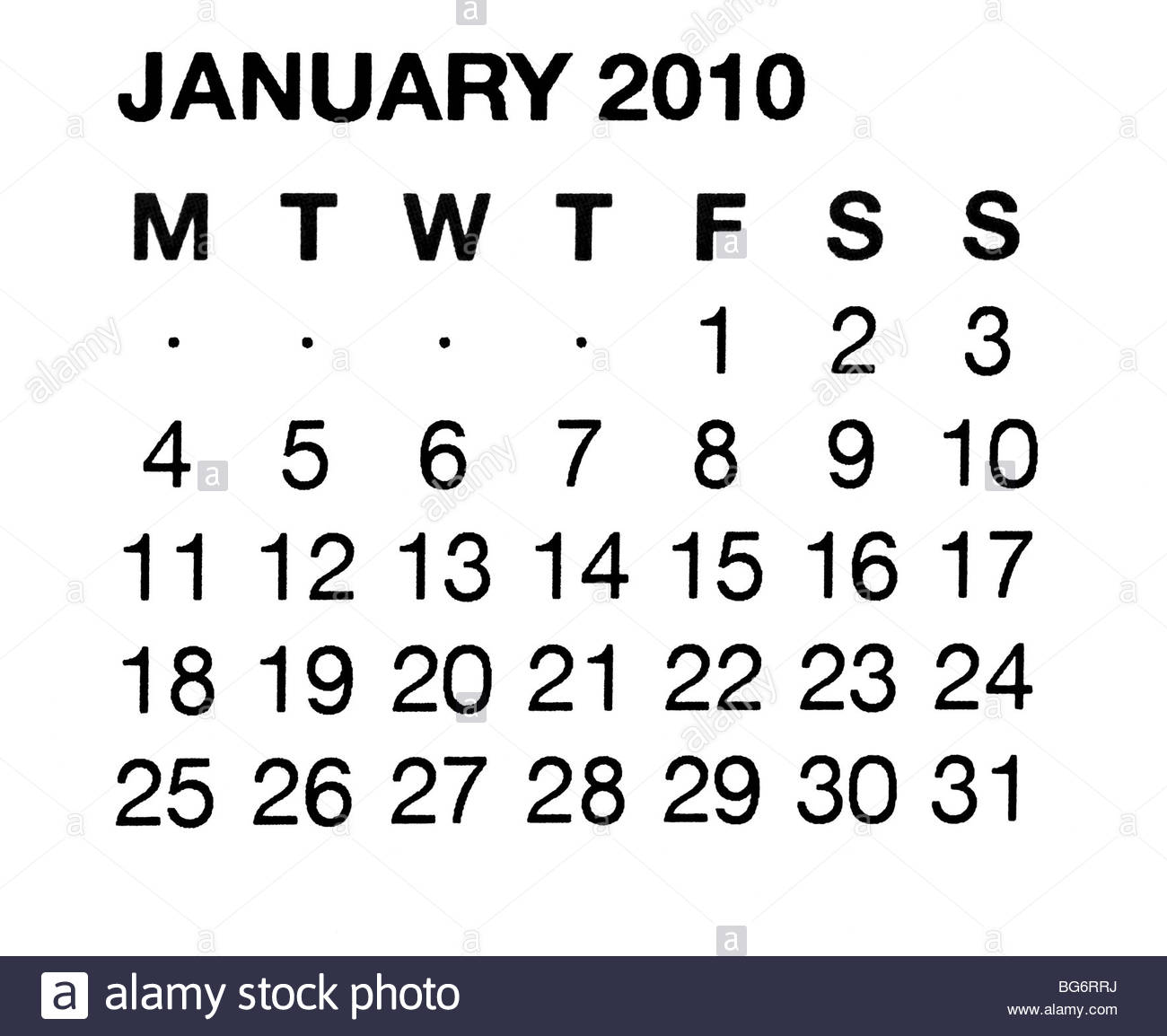Kalender Januar 2010 Stockfoto