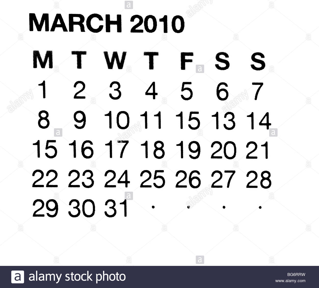 Kalender März 2010 Stockfoto