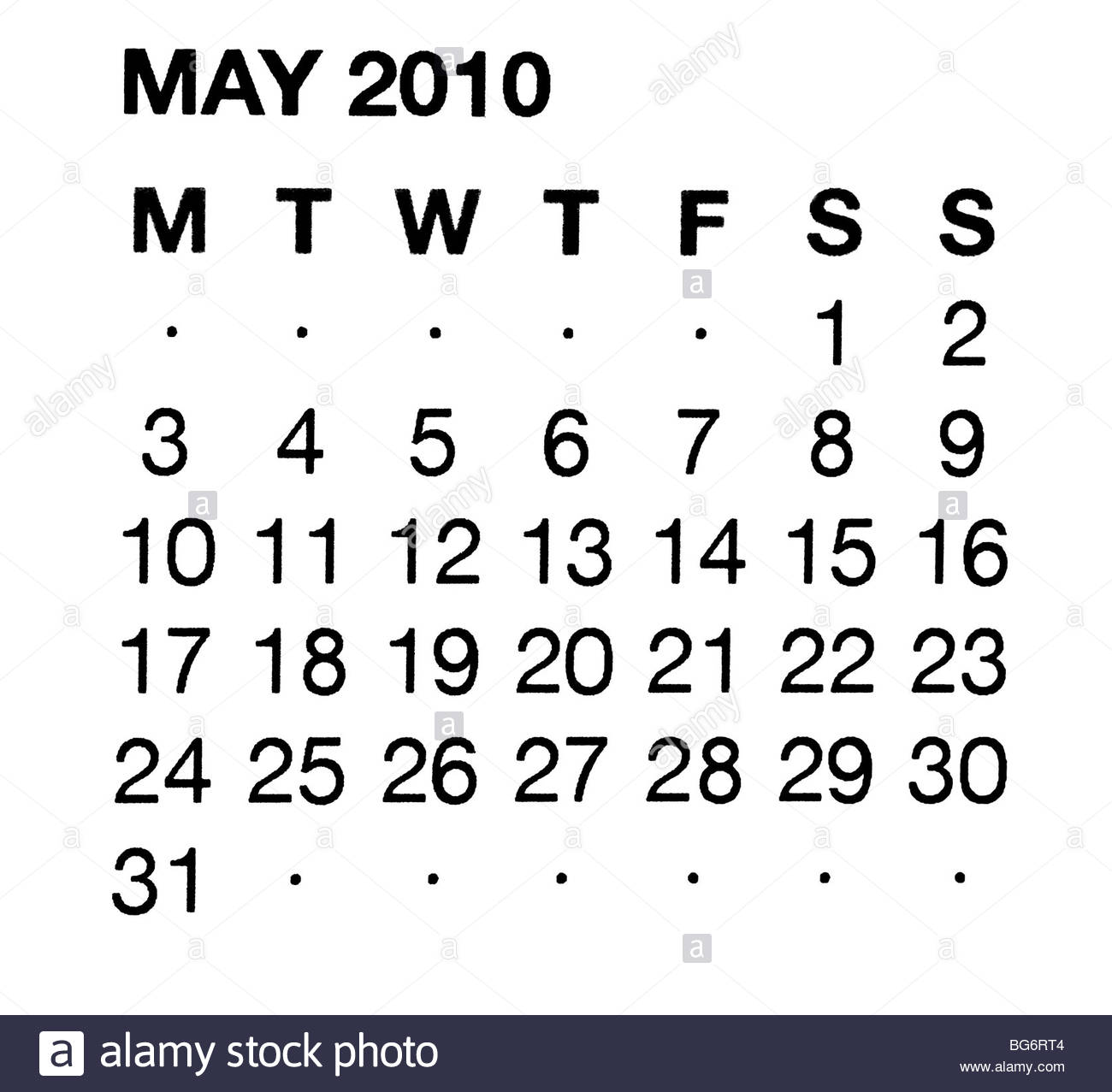 Kalender Mai 2010 Stockfoto