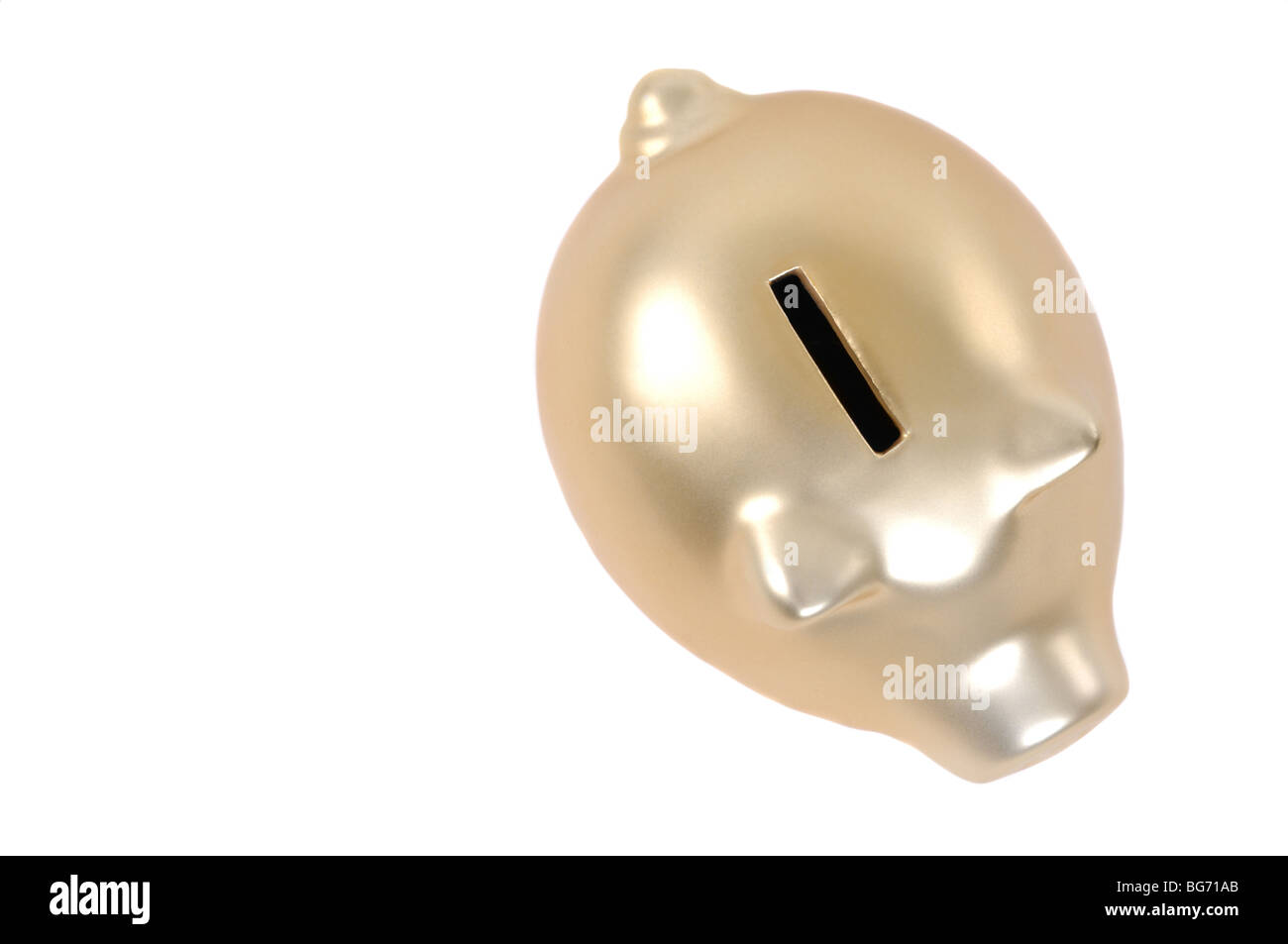 Goldene Sparschwein isoliert auf weißem Hintergrund Stockfoto