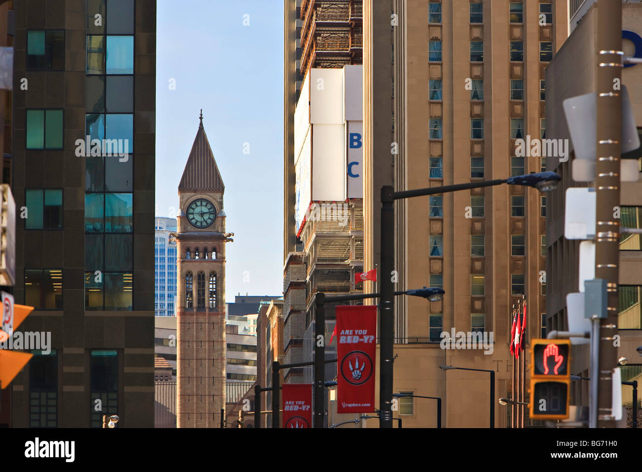 Die Innenstadt von Toronto Straßenszene mit dem Uhrturm des alten Rathauses im Hintergrund Stadt Toronto, Ontario, Kanada. Stockfoto
